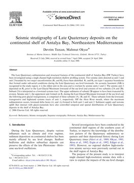 Seismic Stratigraphy of Late Quaternary Deposits on the Continental Shelf of Antalya Bay, Northeastern Mediterranean