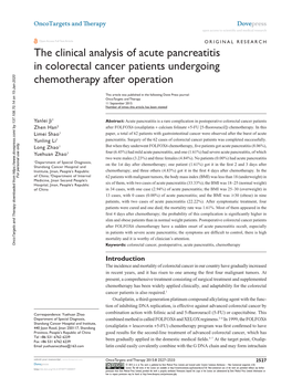 The Clinical Analysis of Acute Pancreatitis in Colorectal Cancer Patients Undergoing Chemotherapy After Operation