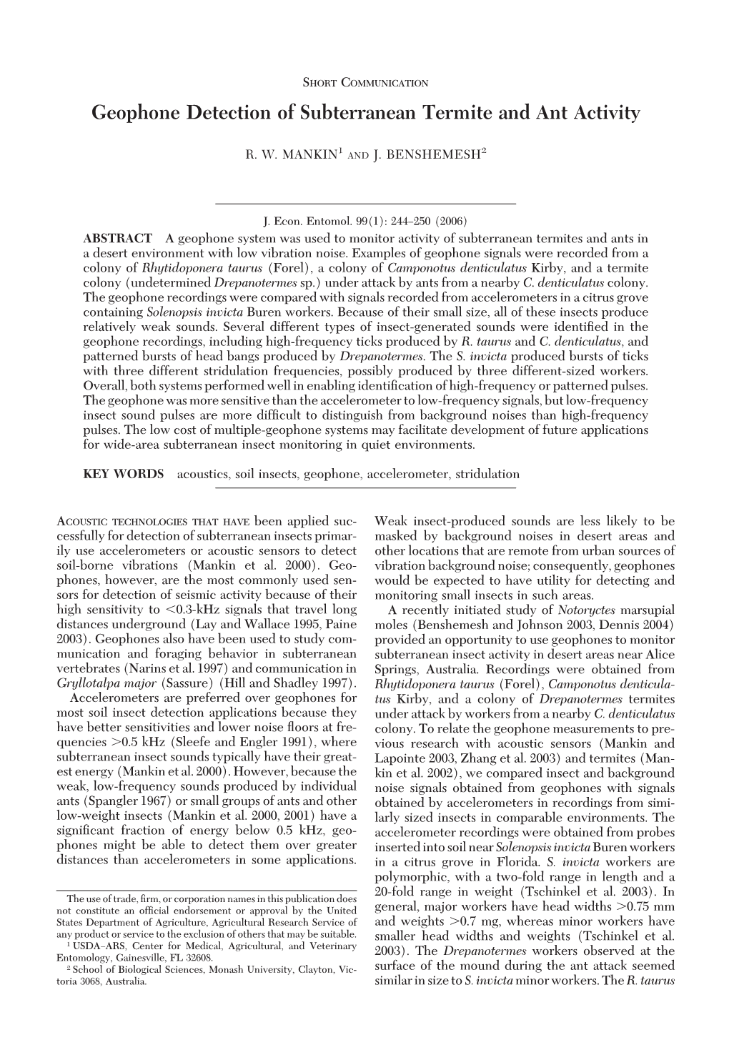 Geophone Detection of Subterranean Termite and Ant Activity