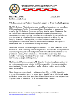 PRESS RELEASE June 25, 2021 for Immediate Release U.S. Embassy