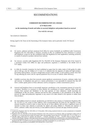 COMMISSION RECOMMENDATION (EU) 2018/464 of 19 March 2018 on the Monitoring of Metals and Iodine in Seaweed, Halophytes and Products Based on Seaweed