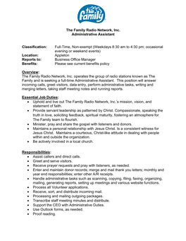 The Family Radio Network, Inc. Administrative Assistant Classification