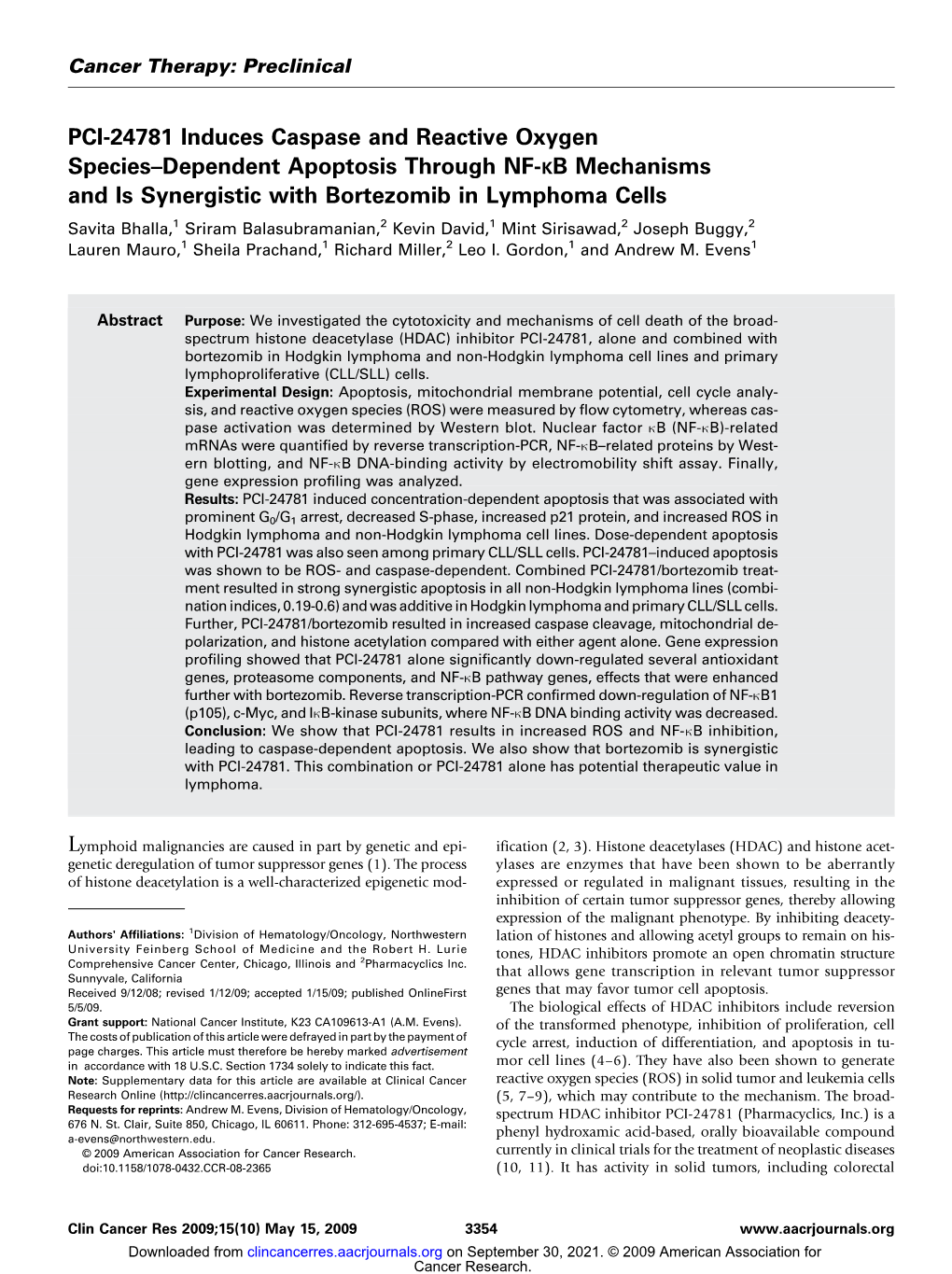 PCI-24781 Induces Caspase and Reactive Oxygen Species