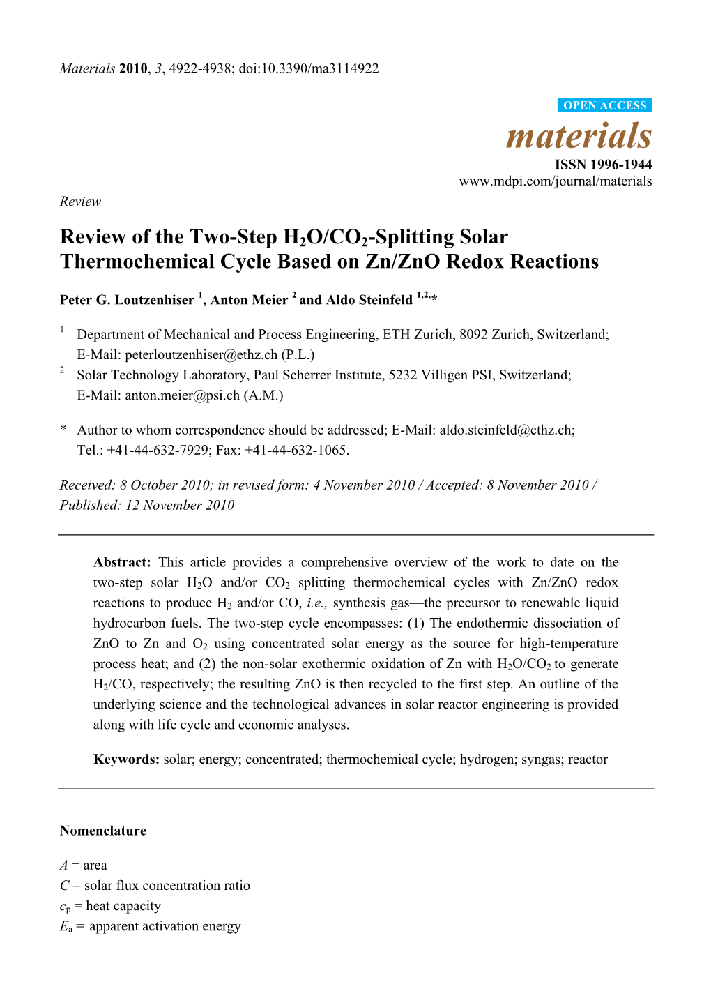 Review of the Two-Step H2O/CO2-Splitting Solar Thermochemical Cycle Based on Zn/Zno Redox Reactions