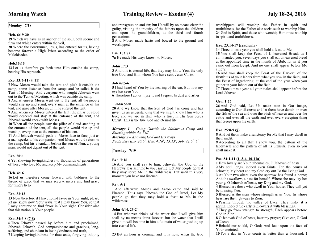 Morning Watch Training Review Exodus (4) July 18-24, 2016