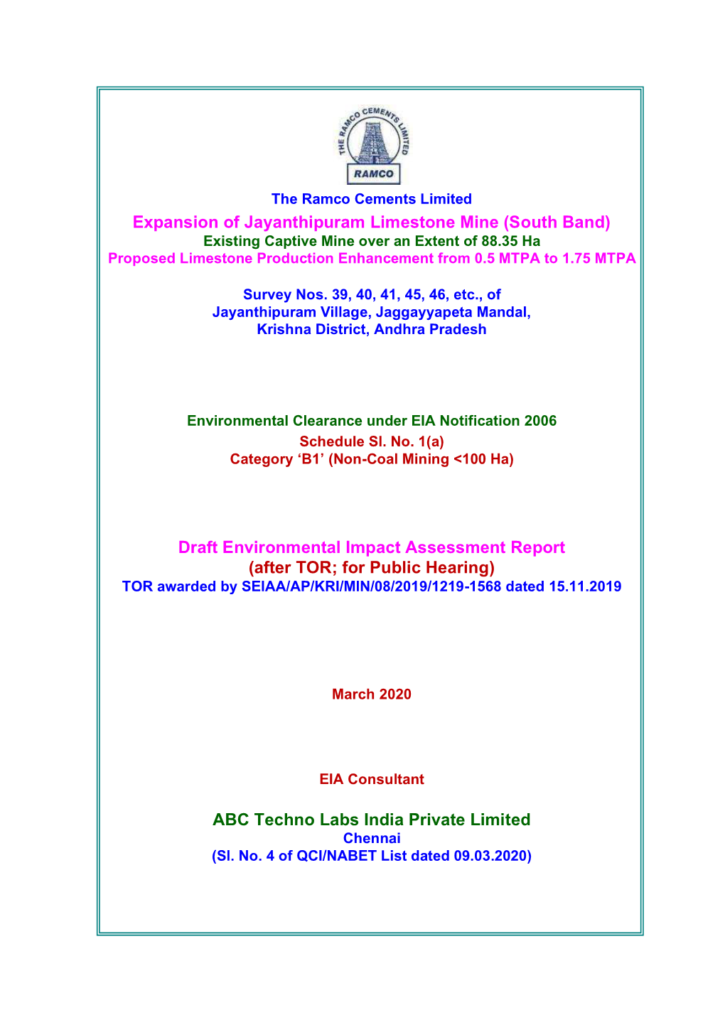 Expansion of Jayanthipuram Limestone Mine (South Band) Draft