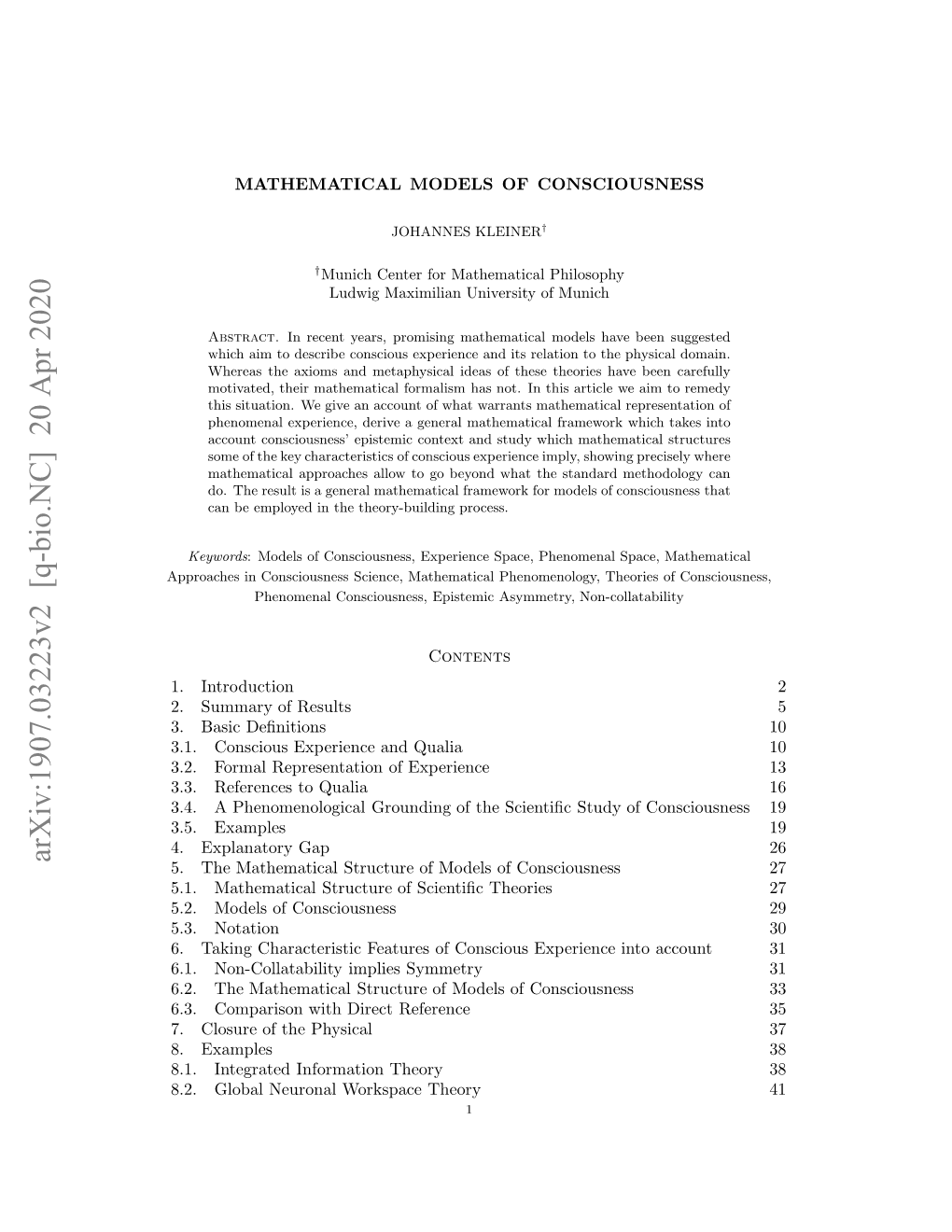 Mathematical Models of Consciousness