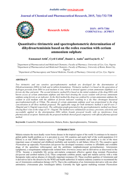 Quantitative Titrimetric and Spectrophotometric Determination of Dihydroartemisinin Based on the Redox Reaction with Cerium Ammonium Sulphate