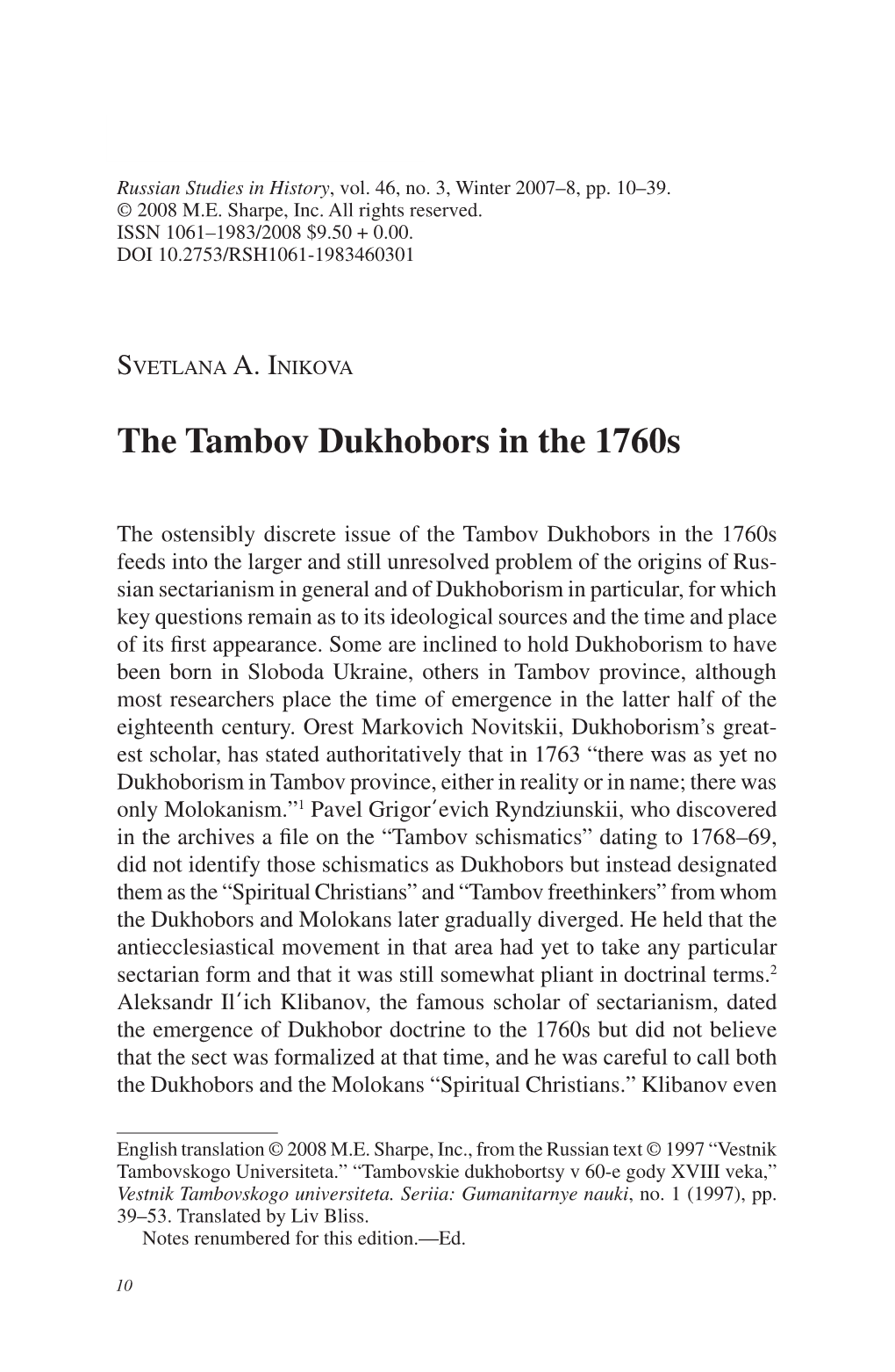 The Tambov Dukhobors in the 1760S