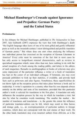 Michael Hamburger's Crusade Against Ignorance and Prejudice: German Poetry and the United States