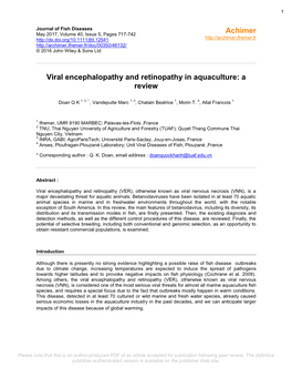 Viral Encephalopathy and Retinopathy in Aquaculture: a Review