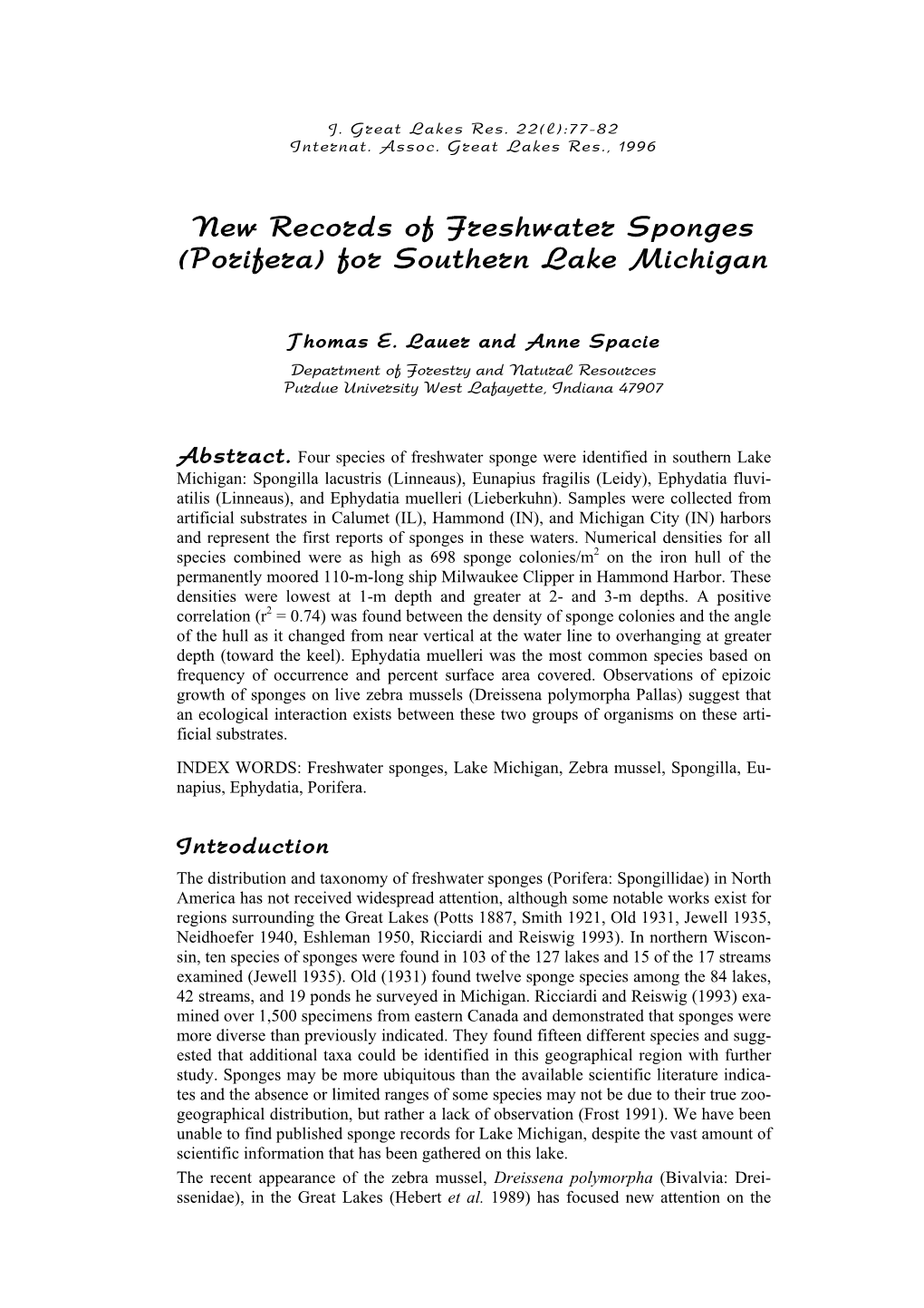 New Records of Freshwater Sponges (Porifera) for Southern Lake Michigan