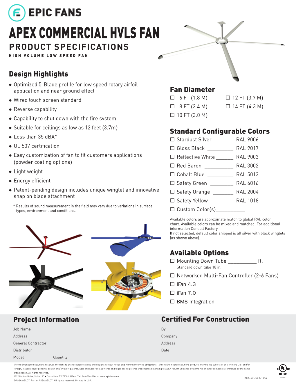 Apex Commercial Hvls Fan Product Specifications High Volume Low Speed Fan