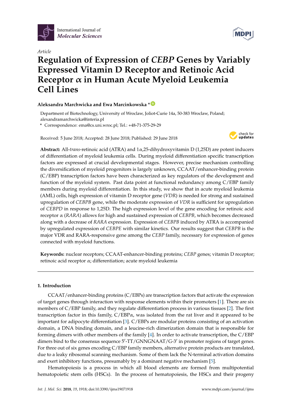 Regulation of Expression of CEBP Genes by Variably Expressed Vitamin D Receptor and Retinoic Acid Receptor Α in Human Acute Myeloid Leukemia Cell Lines