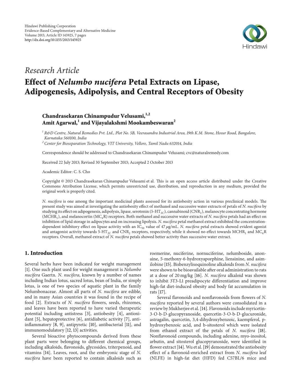 Effect of Nelumbo Nucifera Petal Extracts on Lipase, Adipogenesis, Adipolysis, and Central Receptors of Obesity