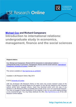 Introduction to International Relations: Undergraduate Study in Economics, Management, Finance and the Social Sciences