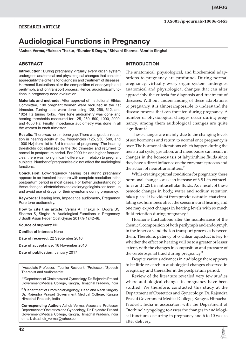 Audiological Functions in Pregnancy 1Ashok Verma, 2Rakesh Thakur, 3Sunder S Dogra, 4Shivani Sharma, 5Amrita Singhal