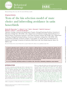 Tests of the Kin Selection Model of Mate Choice and Inbreeding Avoidance in Satin Bowerbirds