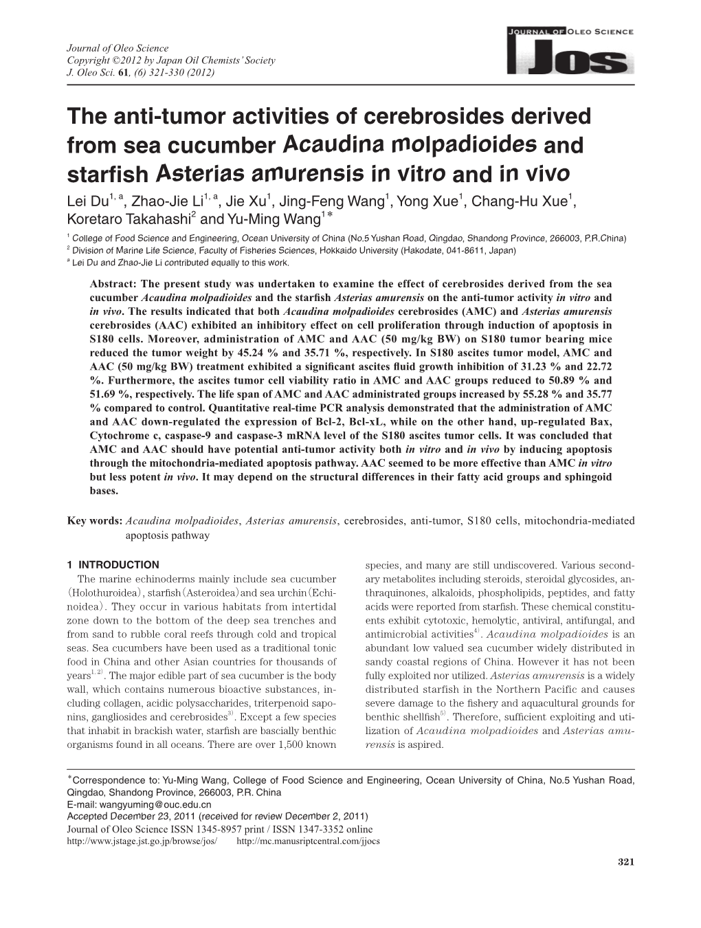The Anti-Tumor Activities of Cerebrosides Derived from Sea