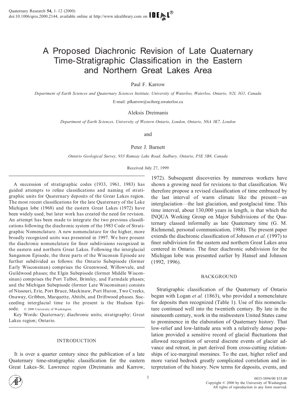 A Proposed Diachronic Revision of Late Quaternary Time-Stratigraphic Classiﬁcation in the Eastern and Northern Great Lakes Area