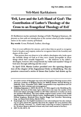 Evil, Love and the Left Hand of God': the Contribution of Luther's Theology of the Cross to an Evangelical Theology of Evill