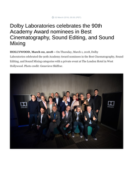 Dolby Laboratories Celebrates the 90Th Academy Award Nominees in Best Cinematography, Sound Editing, and Sound Mixing