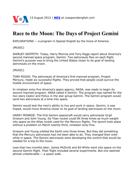 Race to the Moon: the Days of Project Gemini