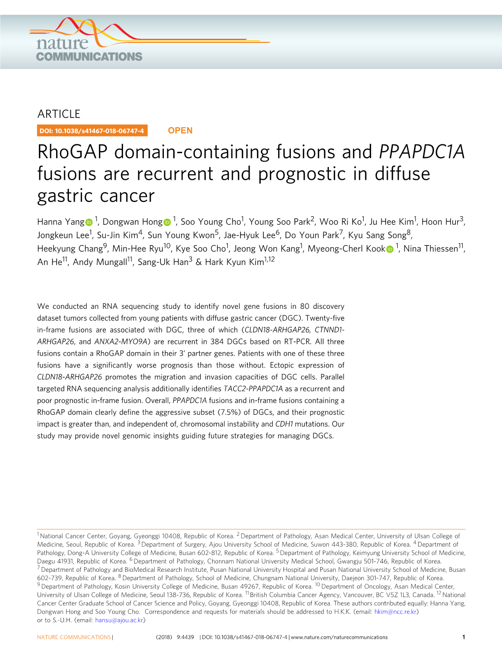 Rhogap Domain-Containing Fusions and PPAPDC1A Fusions Are Recurrent and Prognostic in Diffuse Gastric Cancer