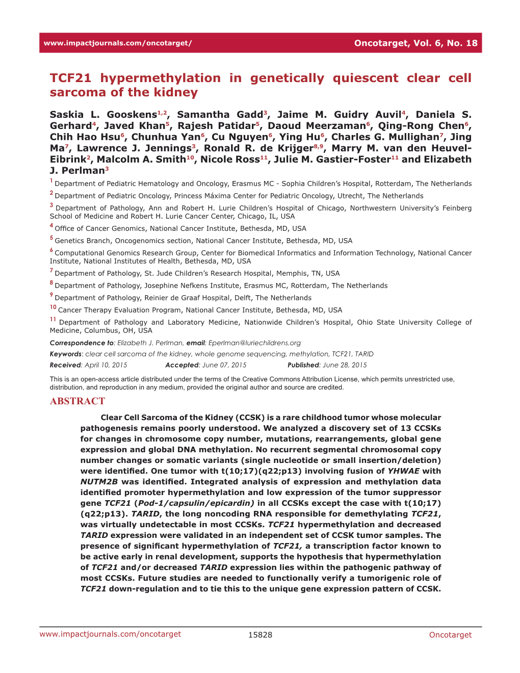 TCF21 Hypermethylation in Genetically Quiescent Clear Cell Sarcoma of the Kidney