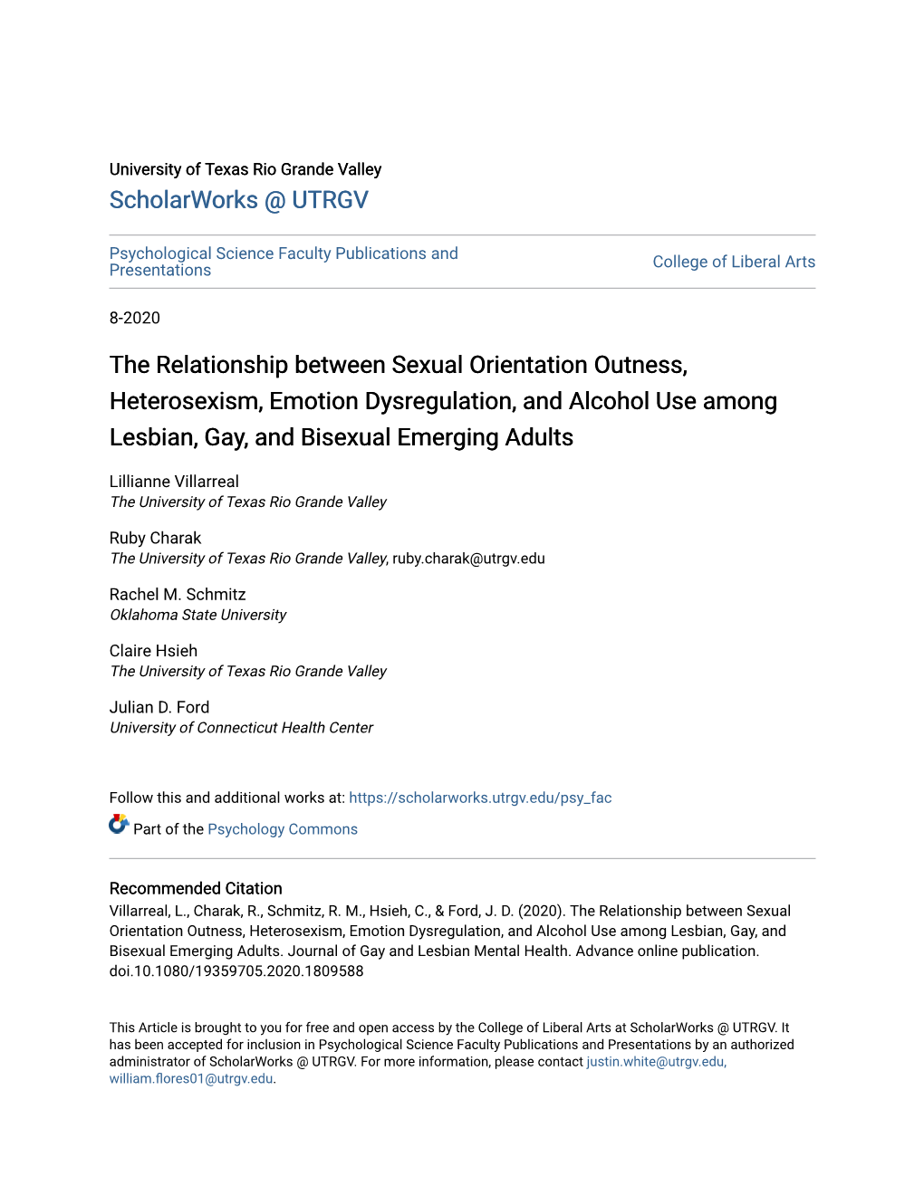 The Relationship Between Sexual Orientation Outness, Heterosexism, Emotion Dysregulation, and Alcohol Use Among Lesbian, Gay, and Bisexual Emerging Adults