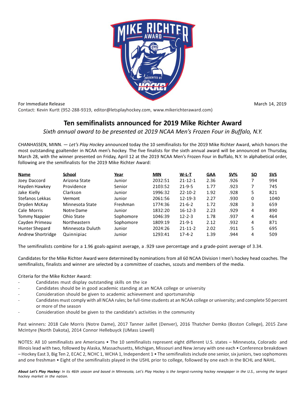 2019 Mike Richter Award Semifinalists