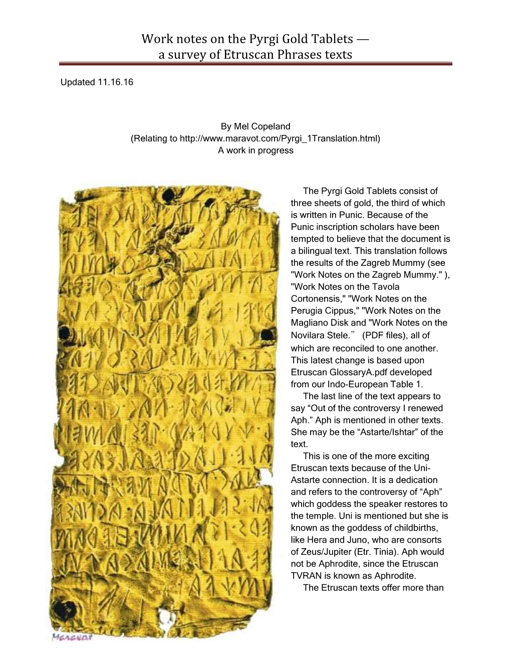 Work Notes on the Pyrgi Gold Tablets — a Survey of Etruscan Phrases Texts