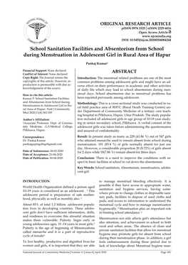 School Sanitation Facilities and Absenteeism from School During Menstruation in Adolescent Girl in Rural Area of Hapur