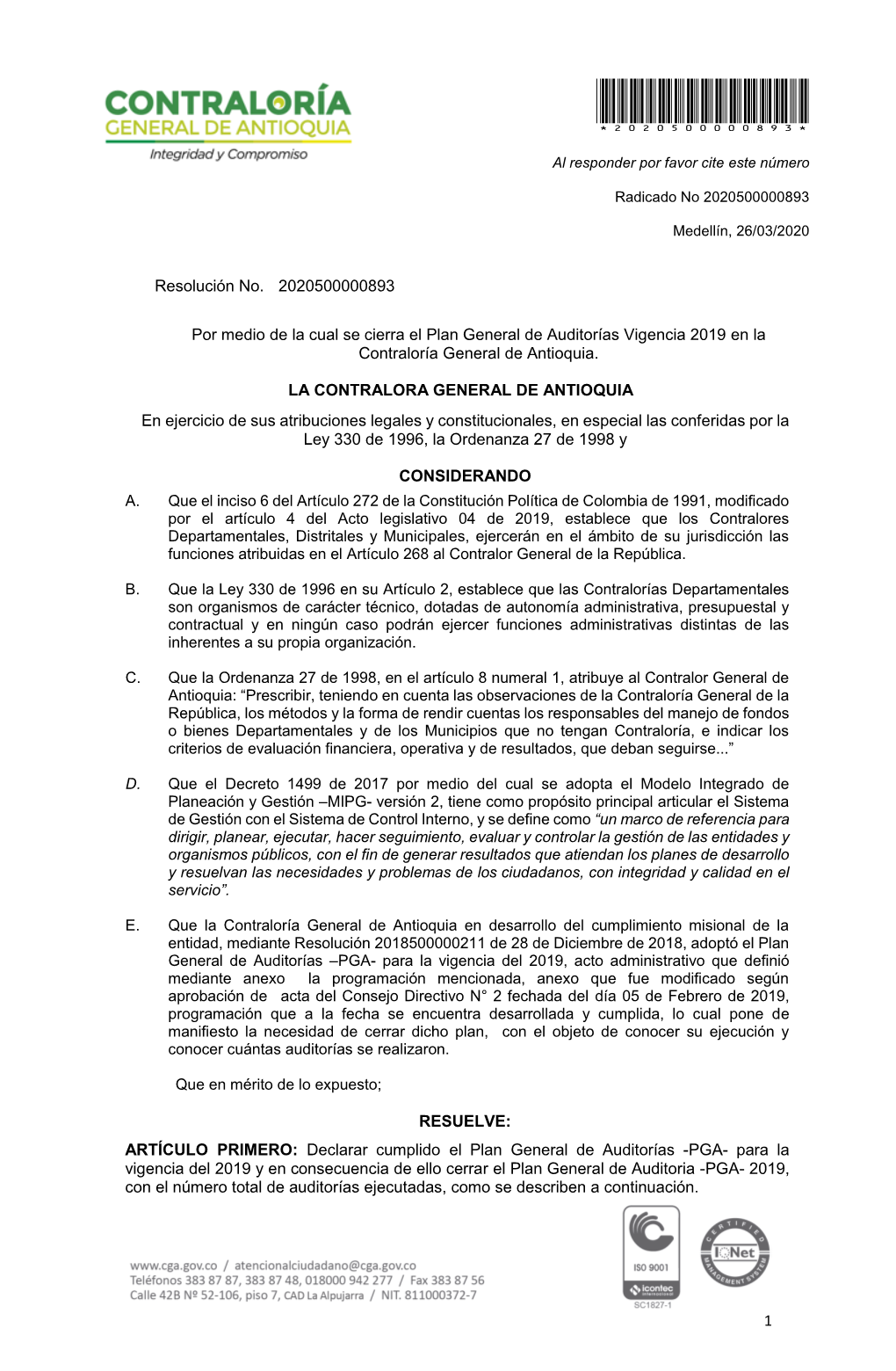 Resolución De Cierre Plan General De Auditorias Vigencia 2019
