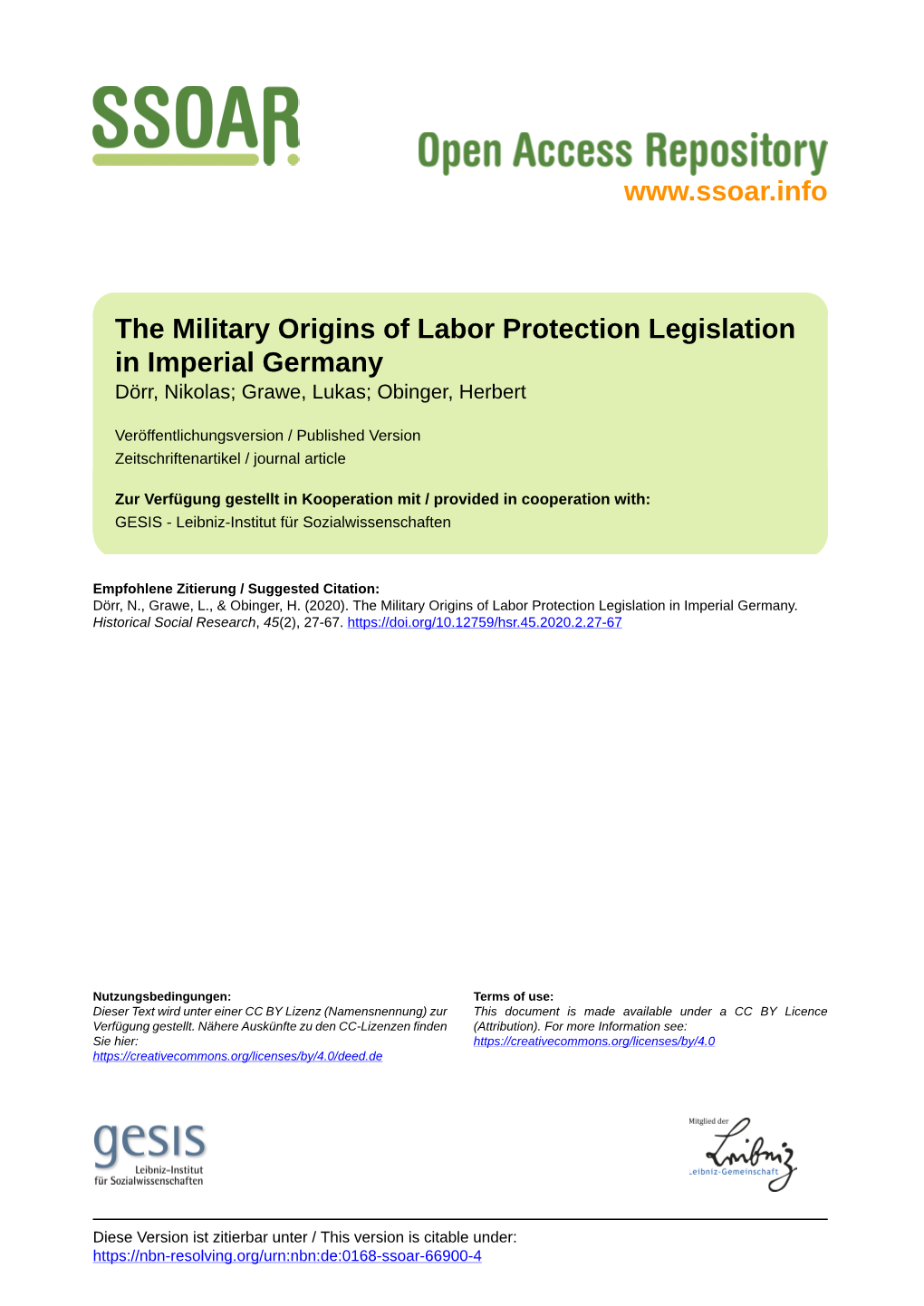 The Military Origins of Labor Protection Legislation in Imperial Germany Dörr, Nikolas; Grawe, Lukas; Obinger, Herbert