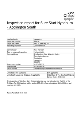 Inspection Report for Sure Start Hyndburn - Accrington South