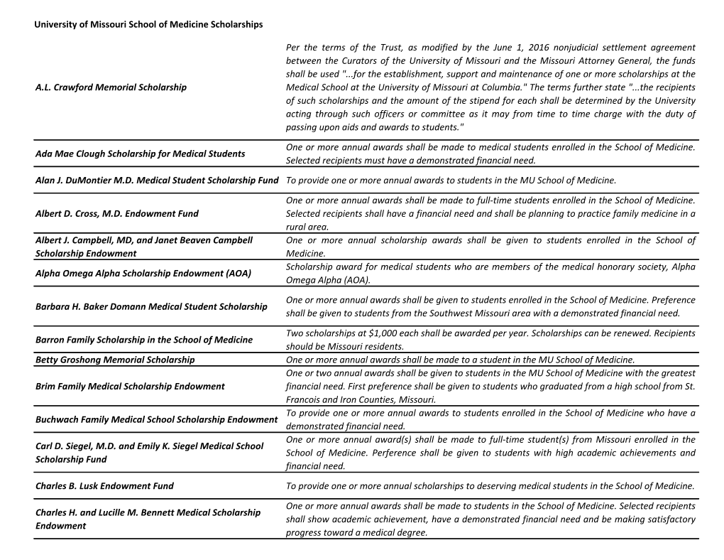 University of Missouri School of Medicine Scholarships A.L