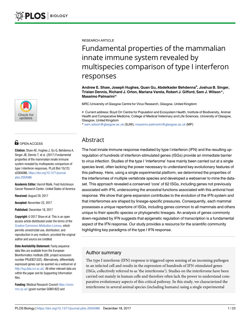 Fundamental Properties of the Mammalian Innate Immune System Revealed by Multispecies Comparison of Type I Interferon Responses