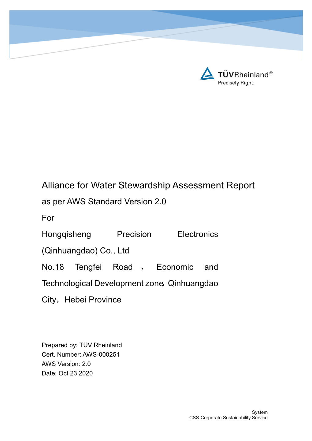 Alliance for Water Stewardship Assessment Report