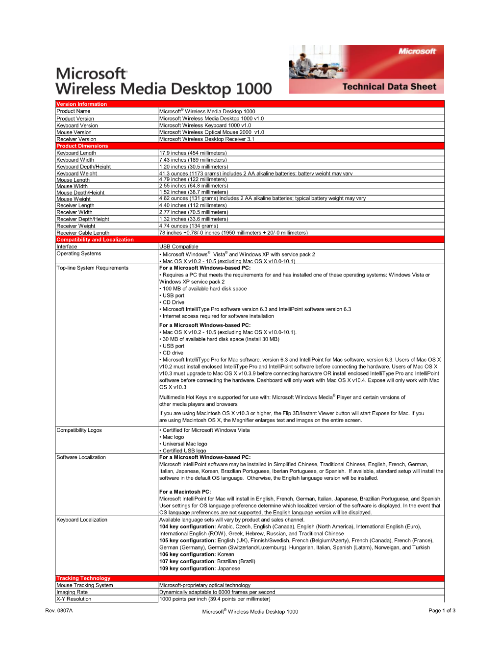Version Information Product Name Microsoft® Wireless Media Desktop