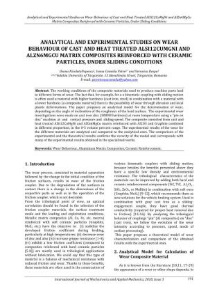 Analytical and Experimental Studies on Wear Behaviour