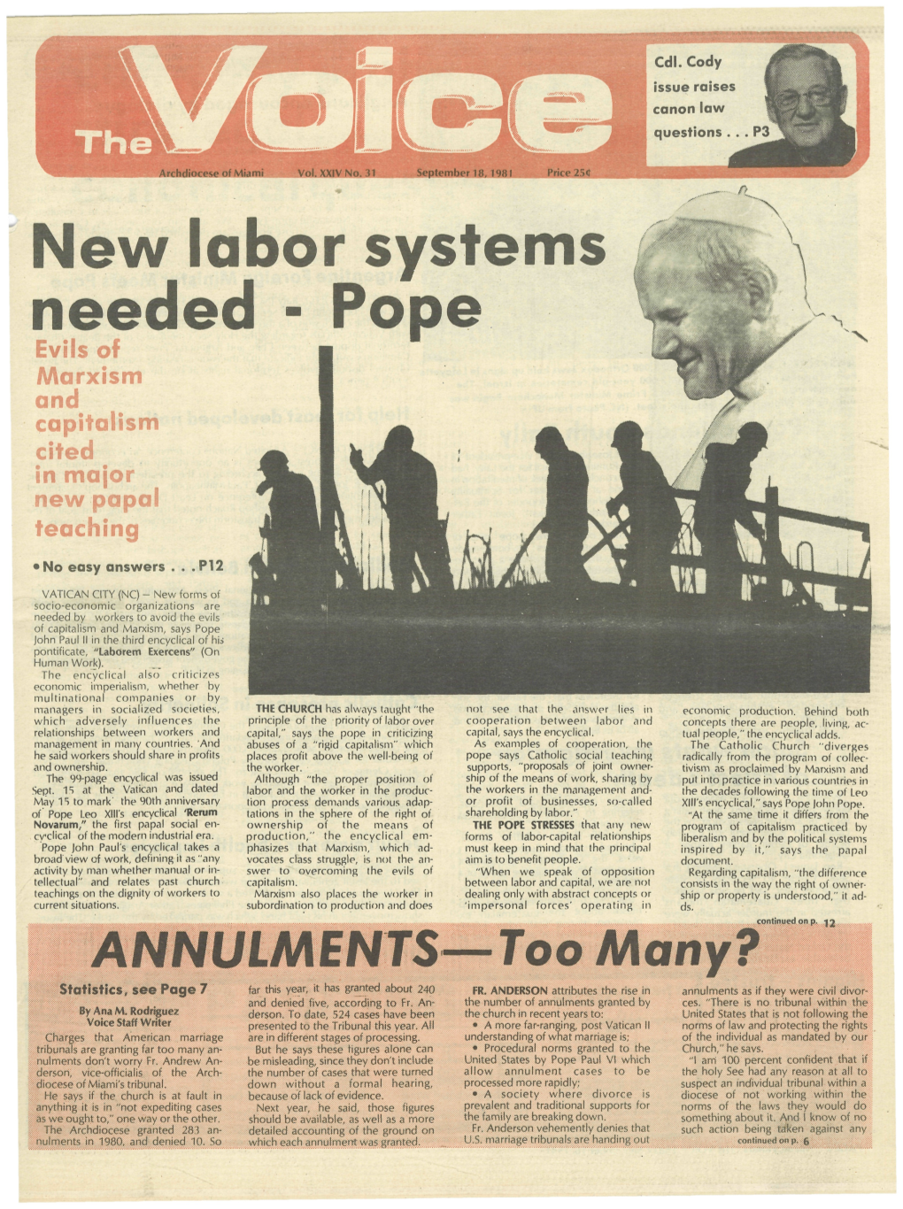 New Labor Systems Needed - Pope \ Evils of Marxism and Capitalism Cited in Major New Papal Teaching