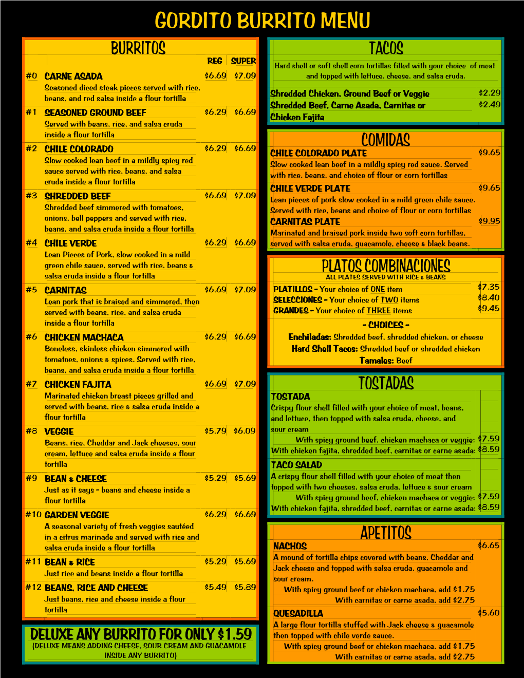 Gordito Burrito Menu