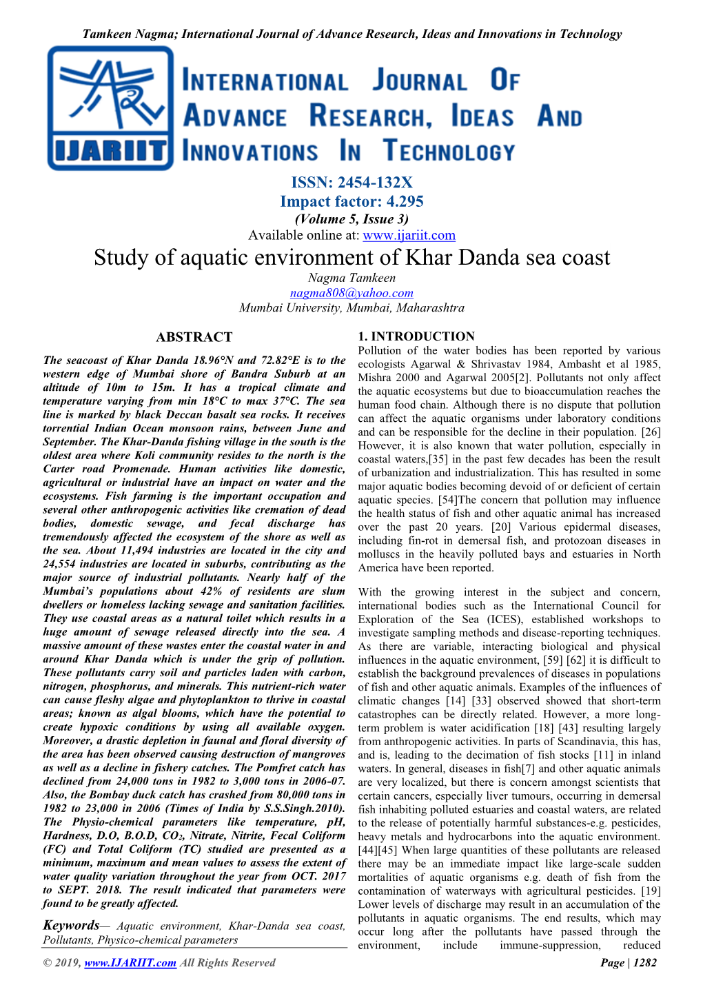 Study of Aquatic Environment of Khar Danda Sea Coast Nagma Tamkeen Nagma808@Yahoo.Com Mumbai University, Mumbai, Maharashtra
