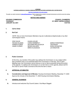 Notice and Agenda Housing Commission Thursday
