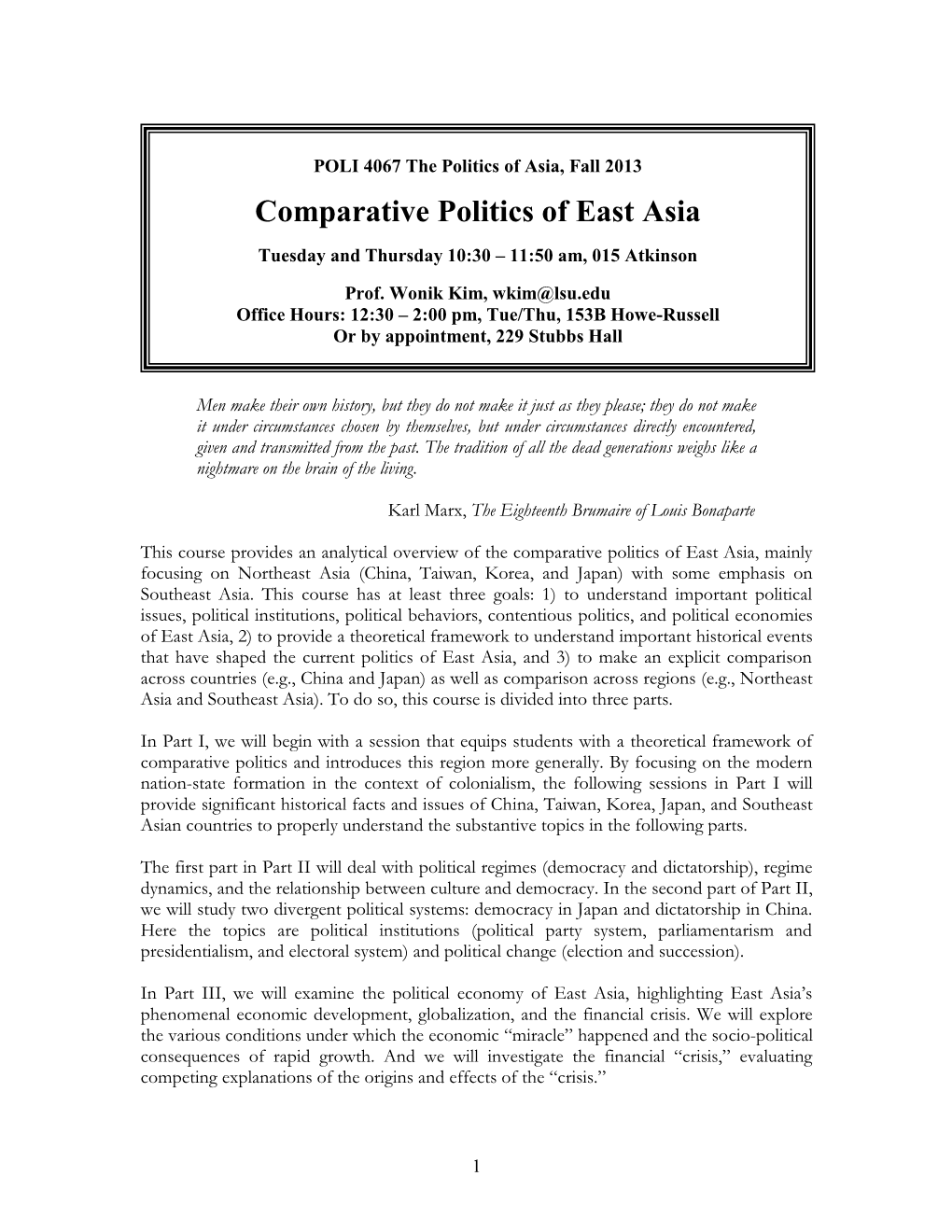 POLI 4067: Comparative Politics of East Asia, Fall 2007