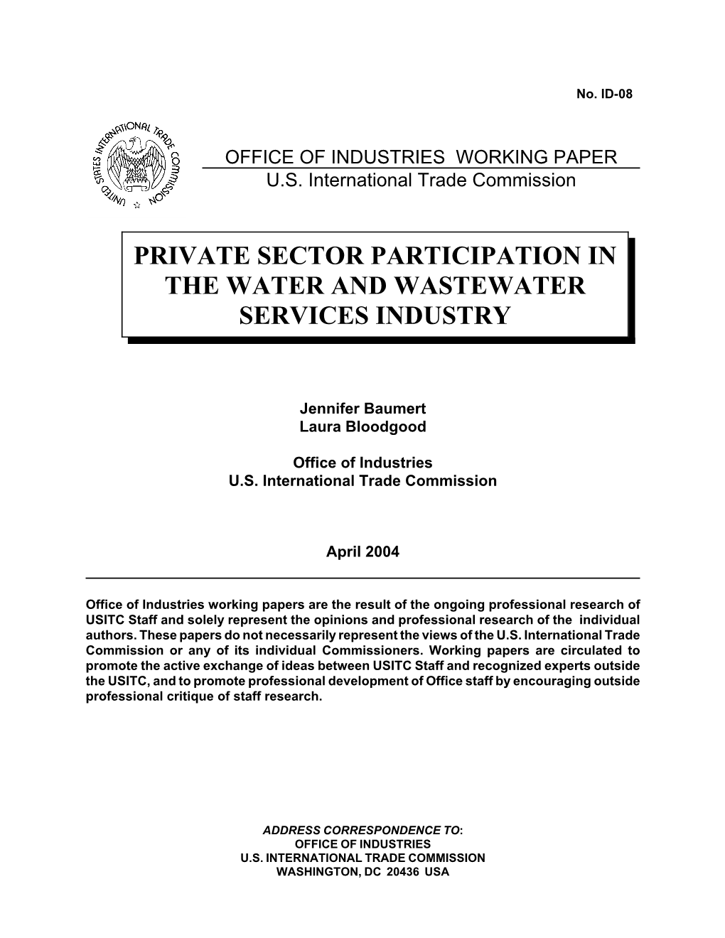 Private Sector Participation in the Water and Wastewater Services Industry