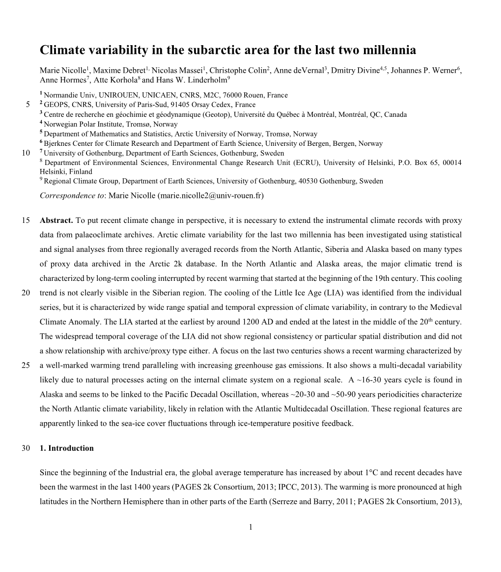 Climate Variability in the Subarctic Area for the Last Two Millennia