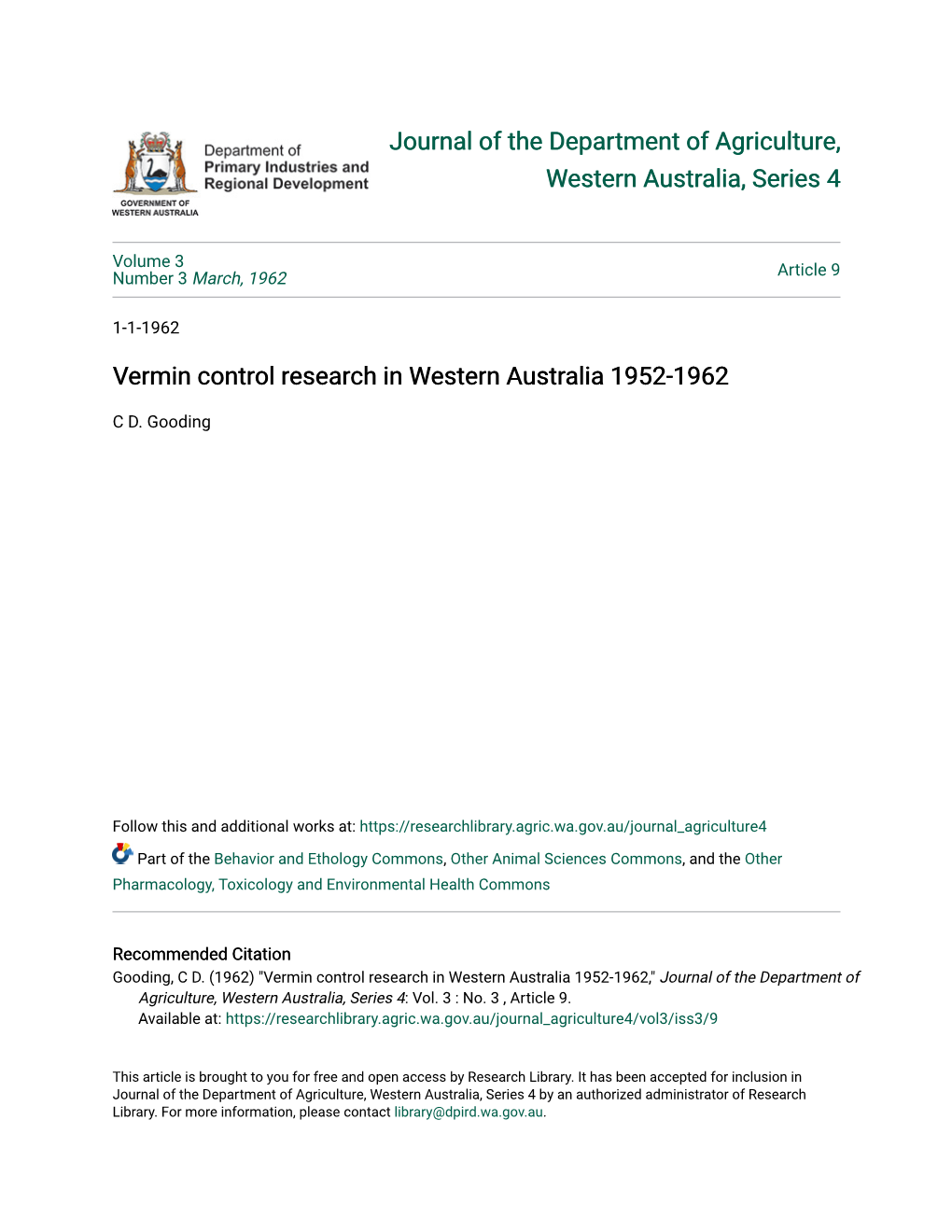 Vermin Control Research in Western Australia 1952-1962
