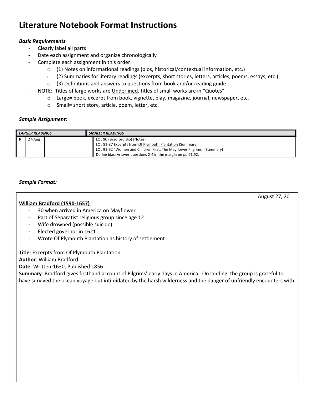 Literature Notebook Format Instructions